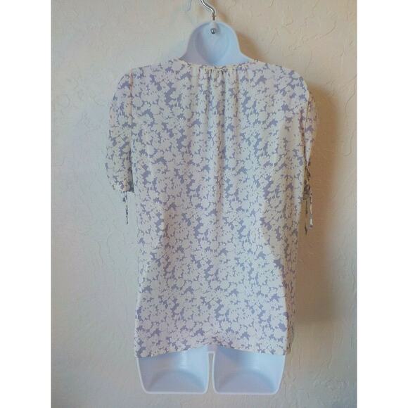 Rose Olive Women Small White Purple Floral Top Chiffon Shirred Short Sleeve - Picture 3 of 7